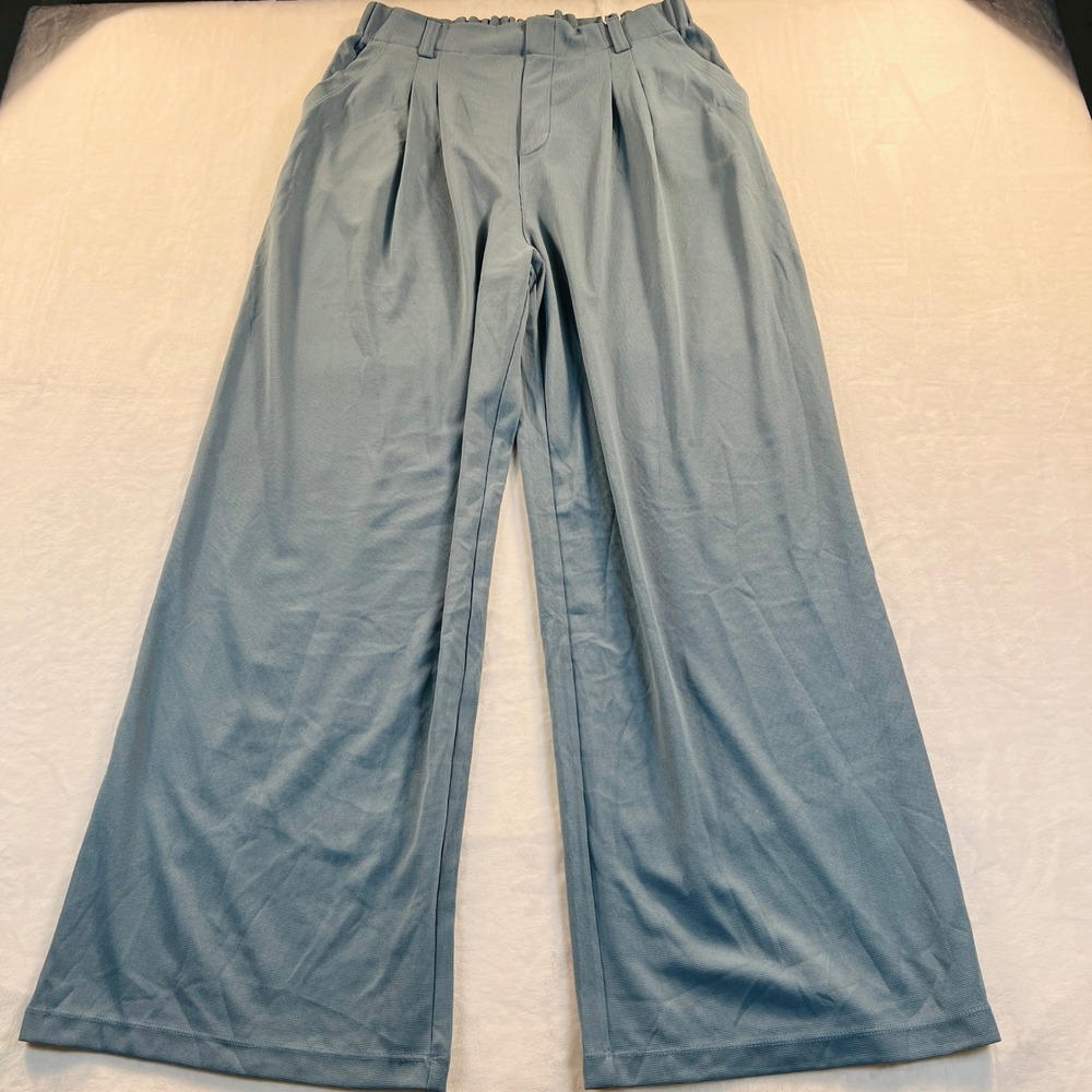 Halara Dusty Blue Waffle Knit Pleated Wide Leg Work Pants Size Large Tall - Picture 2 of 7
